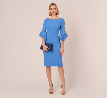 Knit Crepe Sheath Dress With Tiered Three Quarter Sleeves - Cool Water | Adrianna Papell