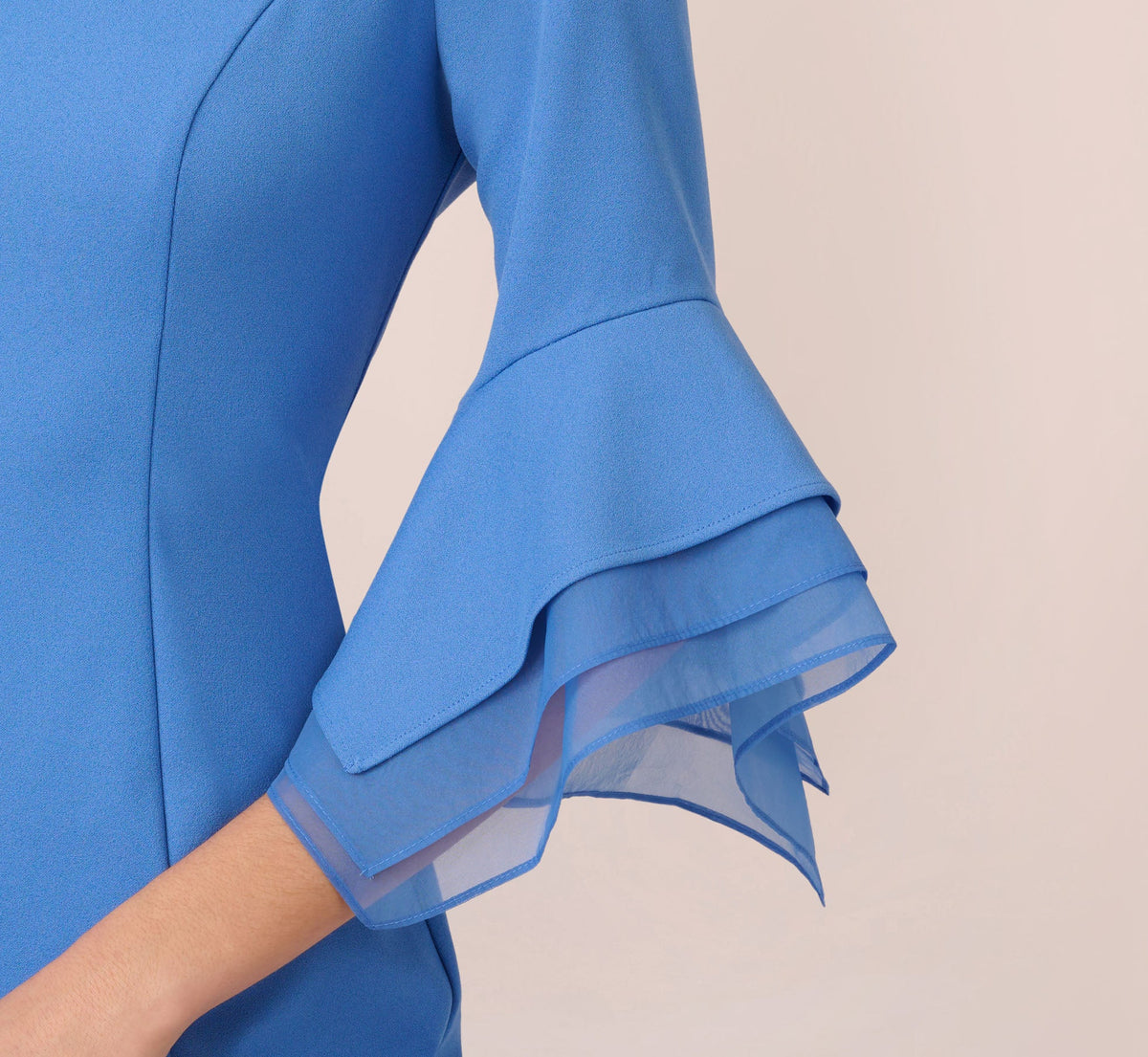 Knit Crepe Sheath Dress With Tiered Three Quarter Sleeves - Cool Water | Adrianna Papell