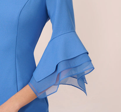 Knit Crepe Sheath Dress With Tiered Three Quarter Sleeves - Cool Water | Adrianna Papell