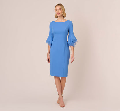 Knit Crepe Sheath Dress With Tiered Three Quarter Sleeves - Cool Water | Adrianna Papell