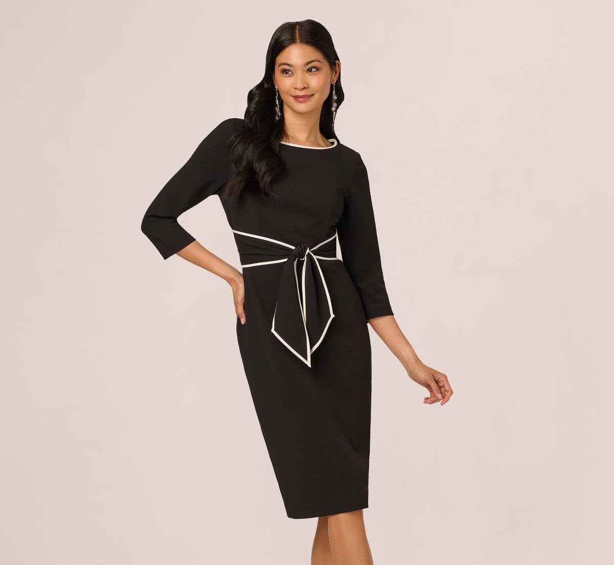 Knit Crepe Tie Dress - Black Ivory | Adrianna Papell