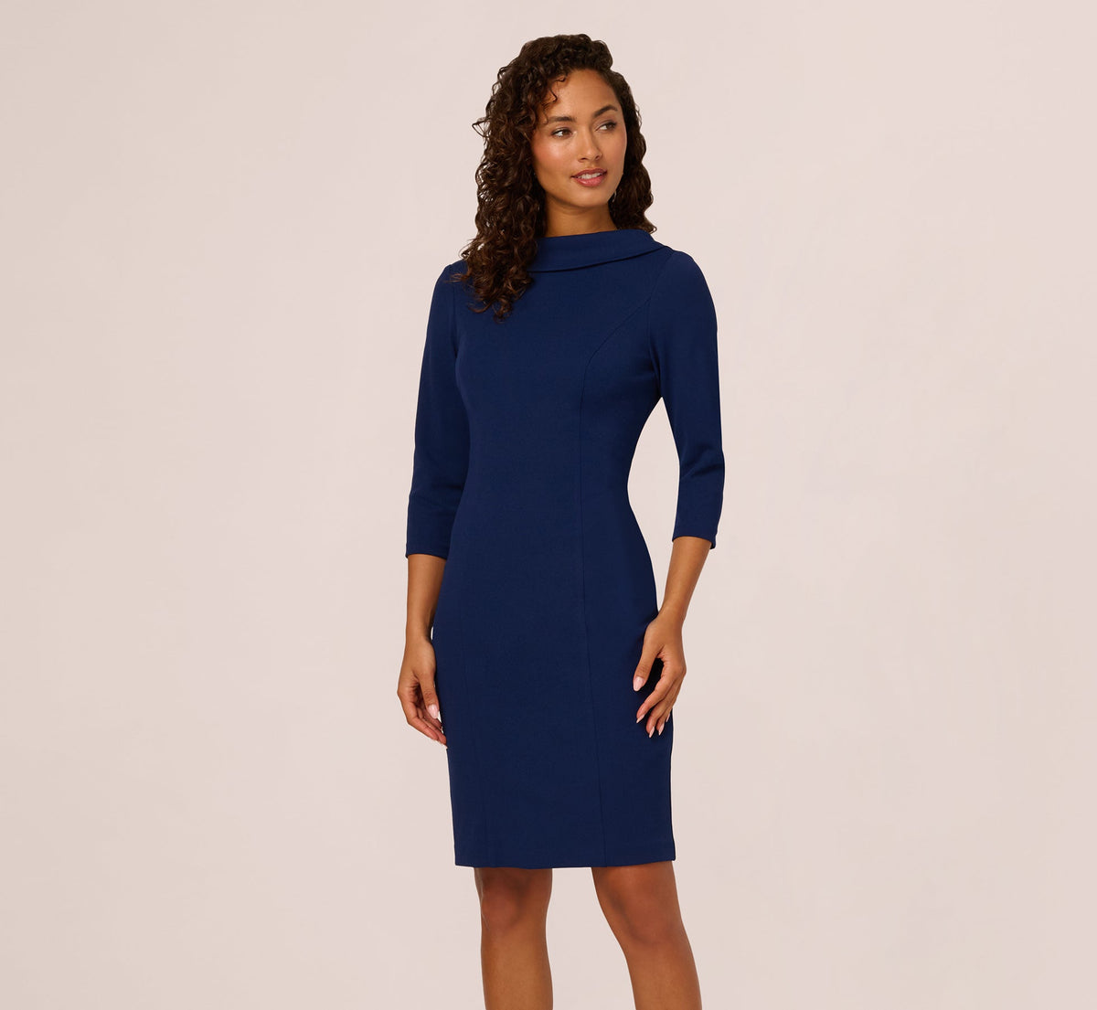 Three Quarter Sleeve Crepe Midi Dress With Rolled Neck - Navy Sateen | Adrianna Papell