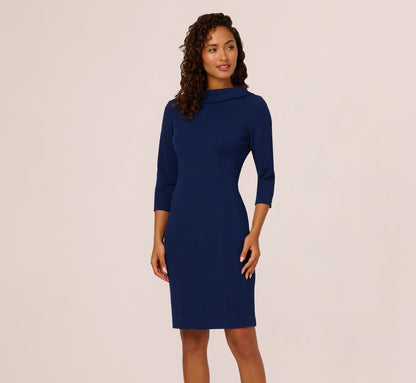Three Quarter Sleeve Crepe Midi Dress With Rolled Neck - Navy Sateen | Adrianna Papell