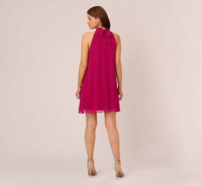 Sleeveless Pleated Chiffon Shift Dress With Mock Neckline - Magenta | Adrianna Papell