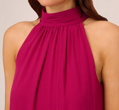 Sleeveless Pleated Chiffon Shift Dress With Mock Neckline - Magenta | Adrianna Papell