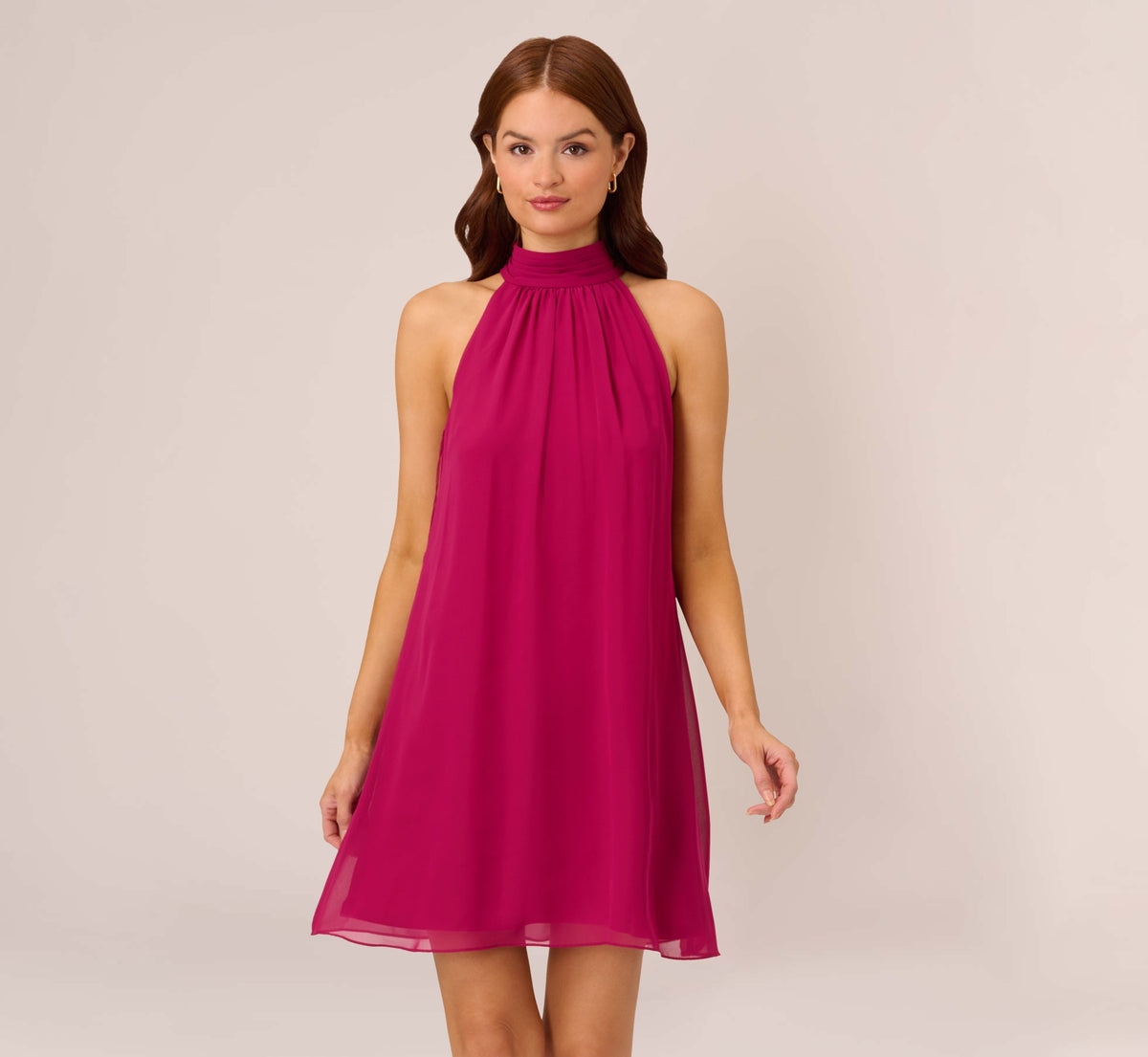 Sleeveless Pleated Chiffon Shift Dress With Mock Neckline - Magenta | Adrianna Papell
