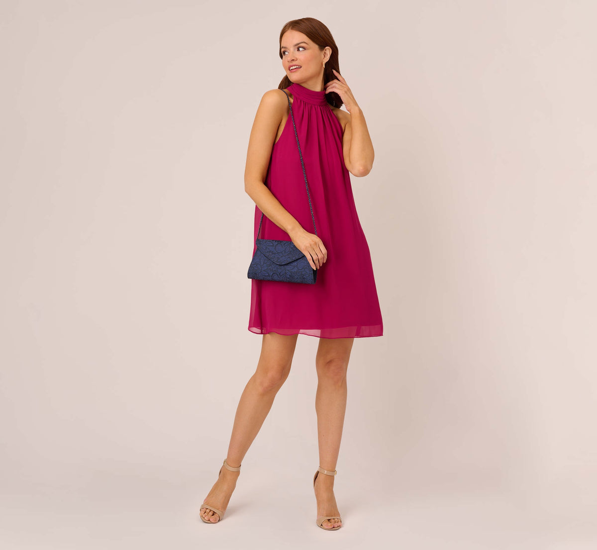 Sleeveless Pleated Chiffon Shift Dress With Mock Neckline - Magenta | Adrianna Papell