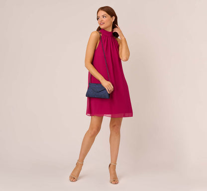 Sleeveless Pleated Chiffon Shift Dress With Mock Neckline - Magenta | Adrianna Papell