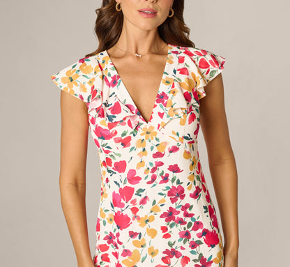 Flounce Collar Floral Print Midi Dress - Ivory Multi | Adrianna Papell
