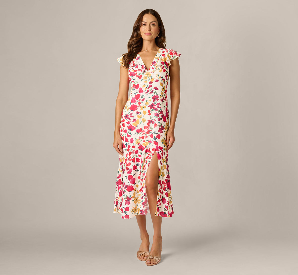 Flounce Collar Floral Print Midi Dress - Ivory Multi | Adrianna Papell