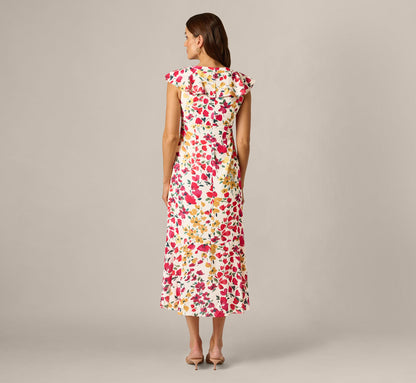Flounce Collar Floral Print Midi Dress - Ivory Multi | Adrianna Papell
