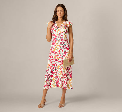 Flounce Collar Floral Print Midi Dress - Ivory Multi | Adrianna Papell