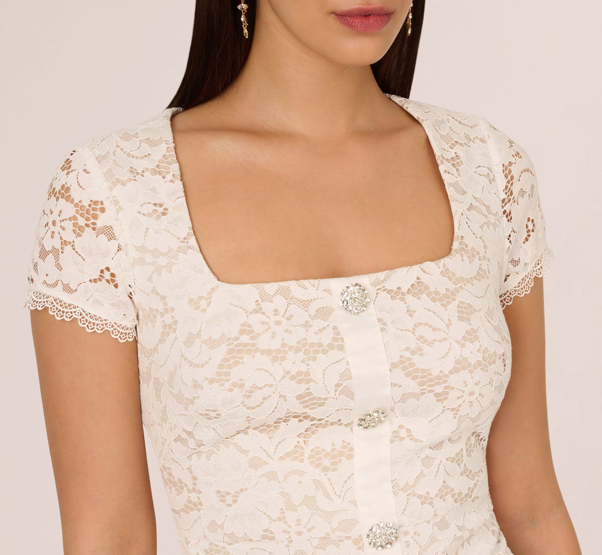 Cap Sleeve Rhinestone Button Lace Short Dress - Ivory | Adrianna Papell