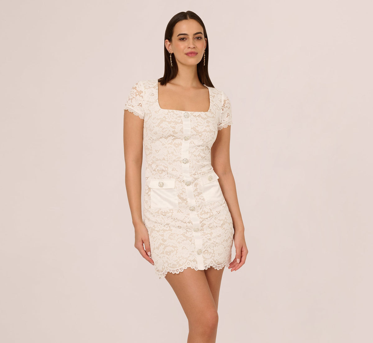 Cap Sleeve Rhinestone Button Lace Short Dress - Ivory | Adrianna Papell