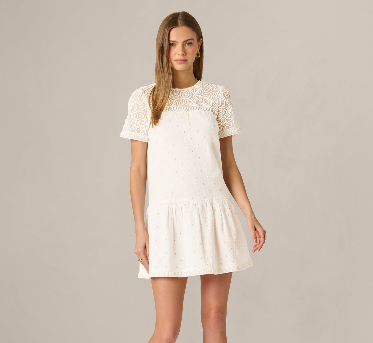Short Sleeve Drop Waist Cotton Eyelet Shift Dress - Ivory | Adrianna Papell