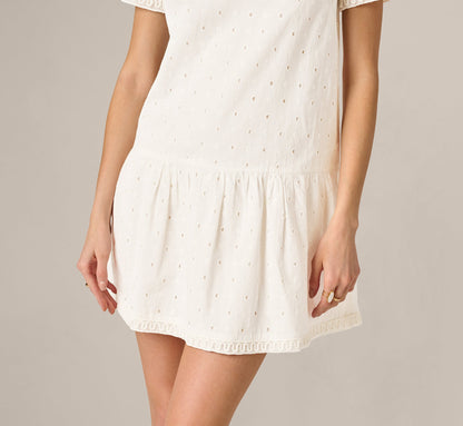 Short Sleeve Drop Waist Cotton Eyelet Shift Dress - Ivory | Adrianna Papell