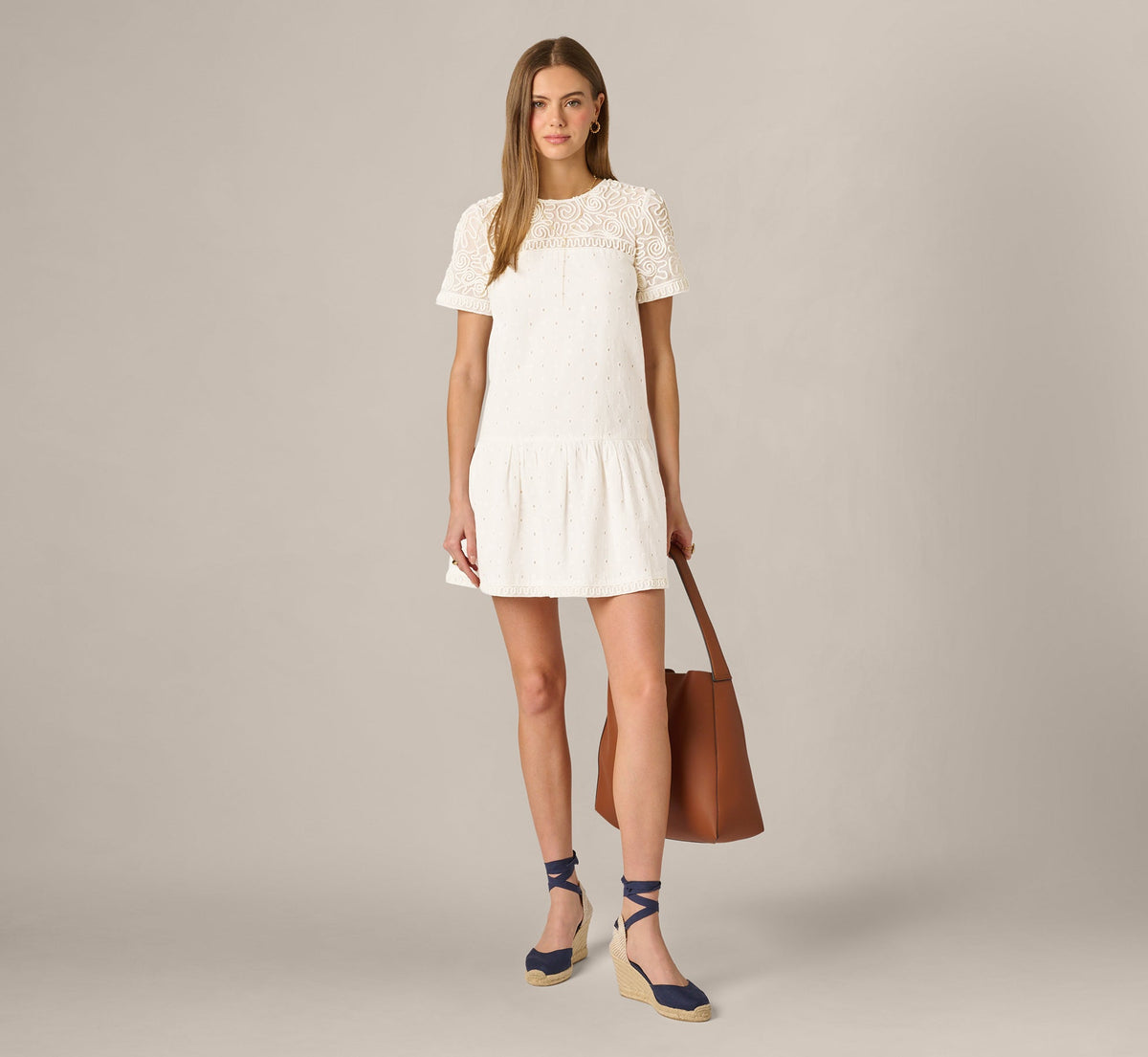 Short Sleeve Drop Waist Cotton Eyelet Shift Dress - Ivory | Adrianna Papell
