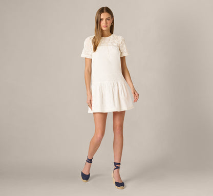 Short Sleeve Drop Waist Cotton Eyelet Shift Dress - Ivory | Adrianna Papell