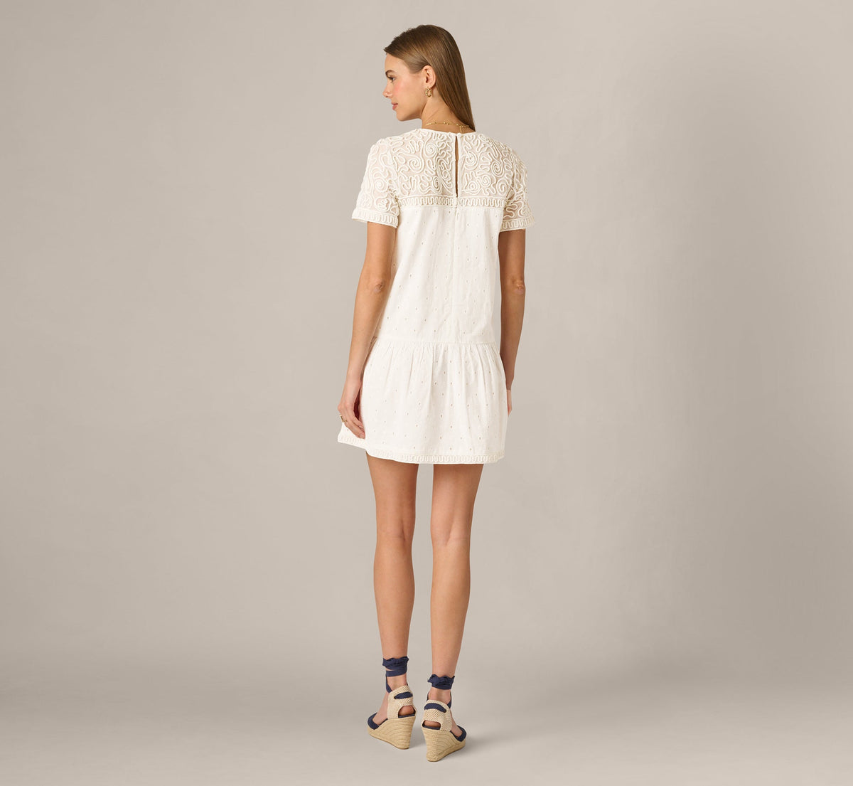 Short Sleeve Drop Waist Cotton Eyelet Shift Dress - Ivory | Adrianna Papell