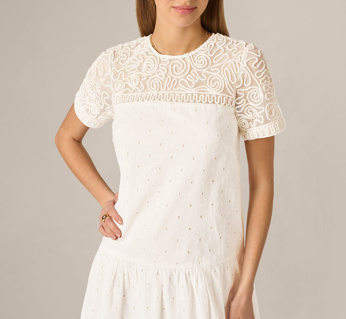 Short Sleeve Drop Waist Cotton Eyelet Shift Dress - Ivory | Adrianna Papell