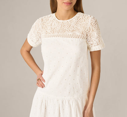 Short Sleeve Drop Waist Cotton Eyelet Shift Dress - Ivory | Adrianna Papell