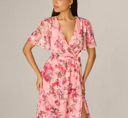 Flutter Sleeve Floral Print Embroidered Wrap Maxi Dress - Blush Multi | Adrianna Papell