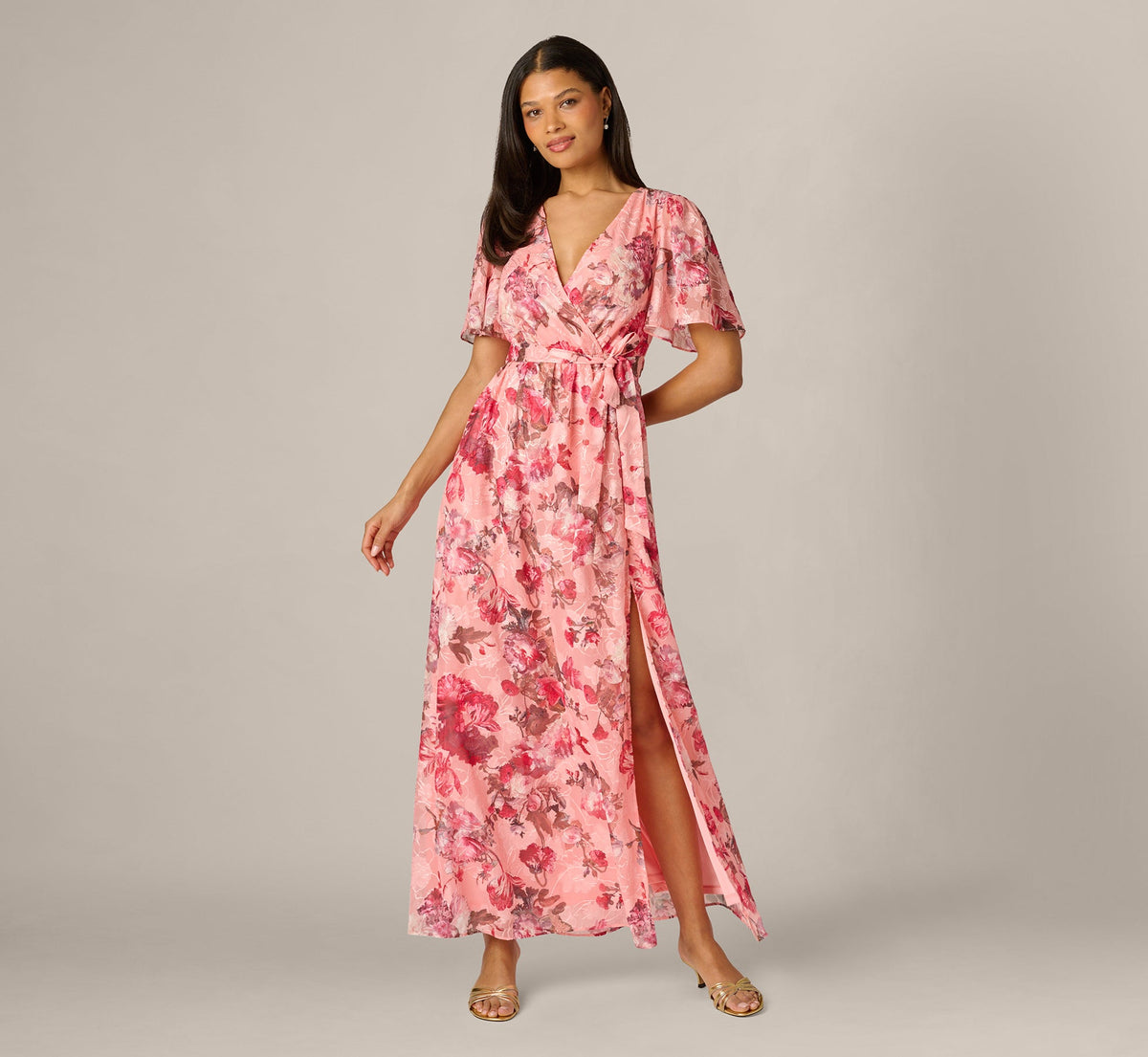 Flutter Sleeve Floral Print Embroidered Wrap Maxi Dress - Blush Multi | Adrianna Papell