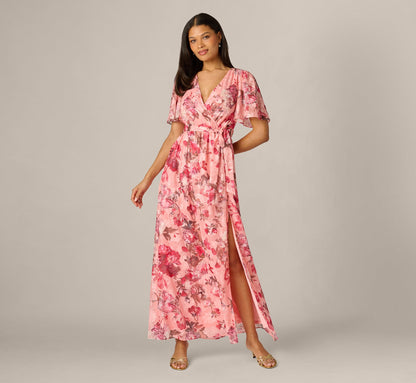 Flutter Sleeve Floral Print Embroidered Wrap Maxi Dress - Blush Multi | Adrianna Papell