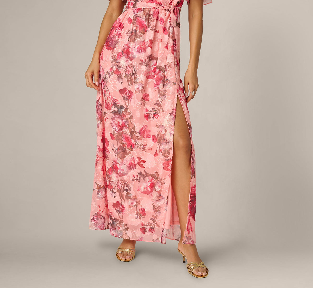 Flutter Sleeve Floral Print Embroidered Wrap Maxi Dress - Blush Multi | Adrianna Papell