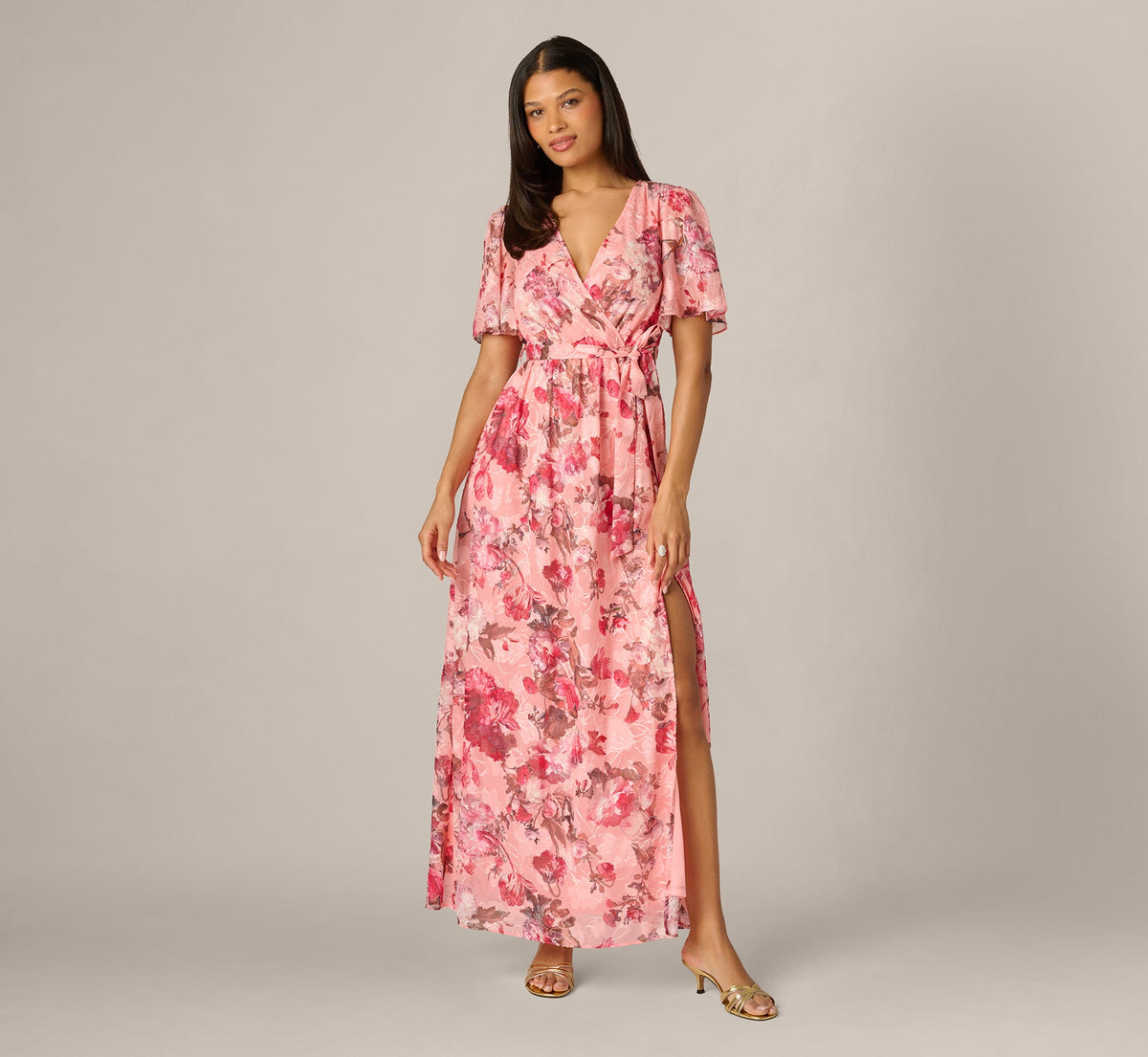 Flutter Sleeve Floral Print Embroidered Wrap Maxi Dress - Blush Multi | Adrianna Papell