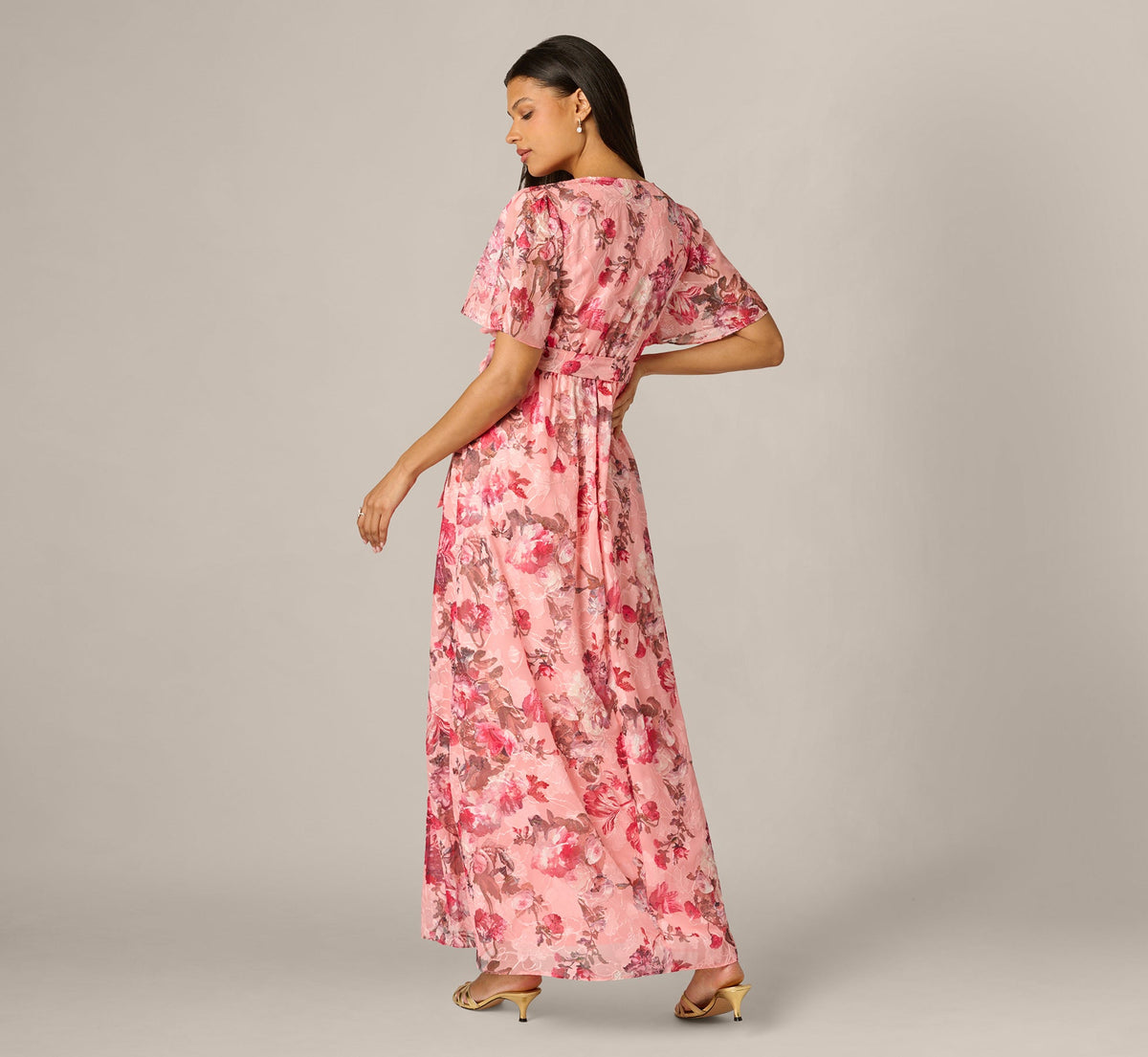 Flutter Sleeve Floral Print Embroidered Wrap Maxi Dress - Blush Multi | Adrianna Papell