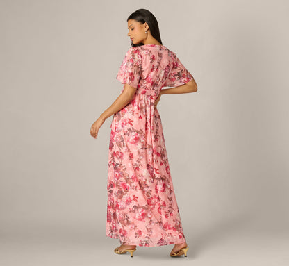 Flutter Sleeve Floral Print Embroidered Wrap Maxi Dress - Blush Multi | Adrianna Papell