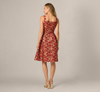 Textured Metallic Floral Jacquard Fit And Flare Dress - Red Gold | Adrianna Papell