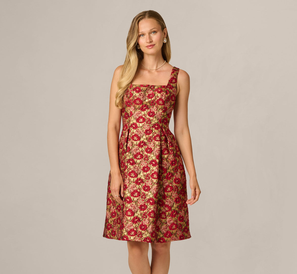 Textured Metallic Floral Jacquard Fit And Flare Dress - Red Gold | Adrianna Papell