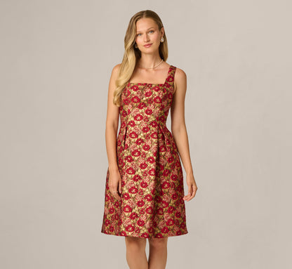 Textured Metallic Floral Jacquard Fit And Flare Dress - Red Gold | Adrianna Papell