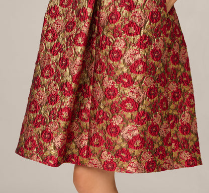 Textured Metallic Floral Jacquard Fit And Flare Dress - Red Gold | Adrianna Papell