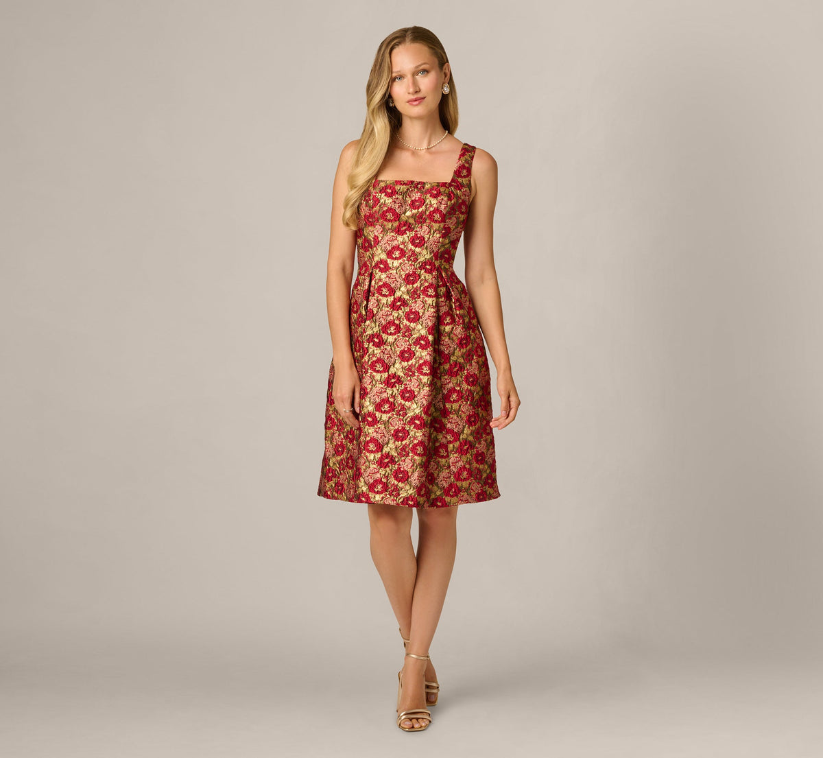 Textured Metallic Floral Jacquard Fit And Flare Dress - Red Gold | Adrianna Papell