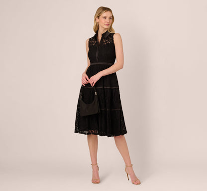 Sleeveless Collared Lace Fit And Flare Dress - Black | Adrianna Papell