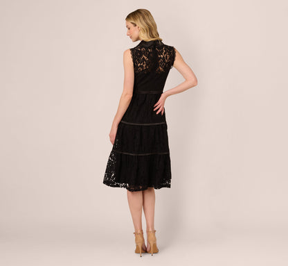 Sleeveless Collared Lace Fit And Flare Dress - Black | Adrianna Papell