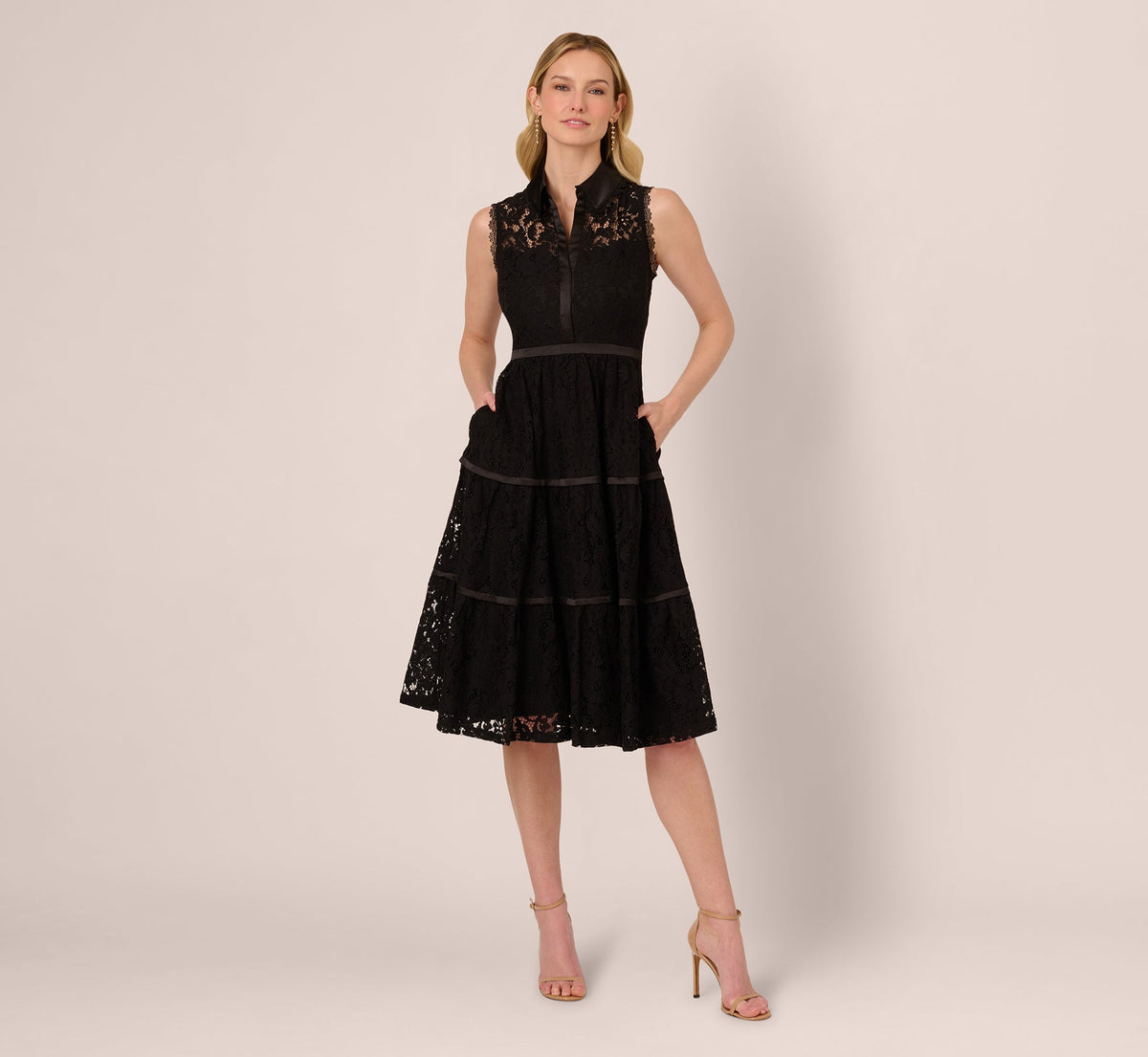 Sleeveless Collared Lace Fit And Flare Dress - Black | Adrianna Papell
