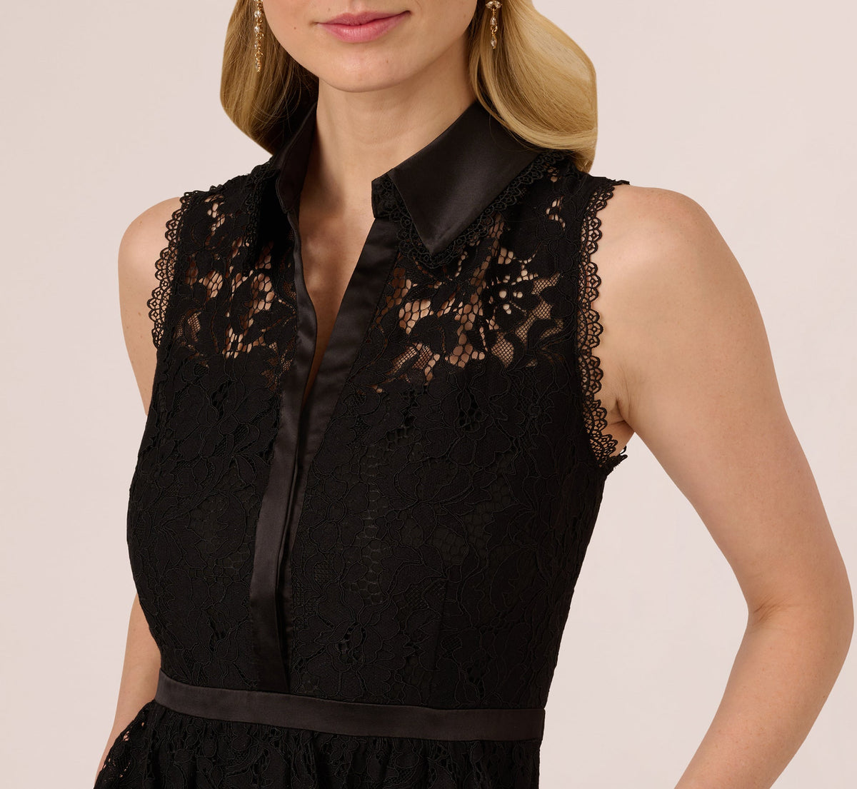 Sleeveless Collared Lace Fit And Flare Dress - Black | Adrianna Papell