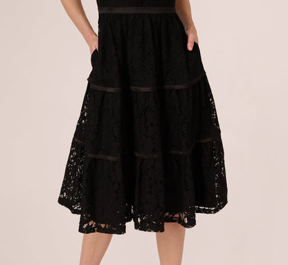 Sleeveless Collared Lace Fit And Flare Dress - Black | Adrianna Papell
