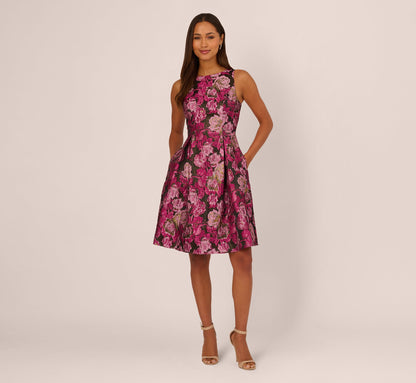 Rose Jacquard Envelope Back Dress - Pink Black Multi | Adrianna Papell