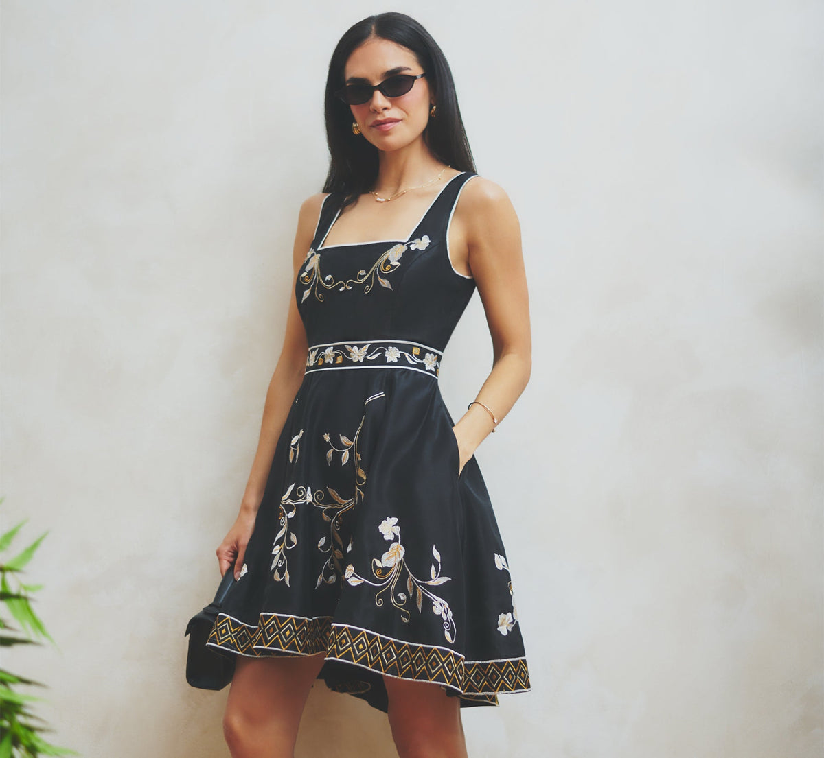 Floral Embroidered Cotton Short Dress - Black Multi | Adrianna Papell