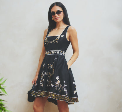Floral Embroidered Cotton Short Dress - Black Multi | Adrianna Papell