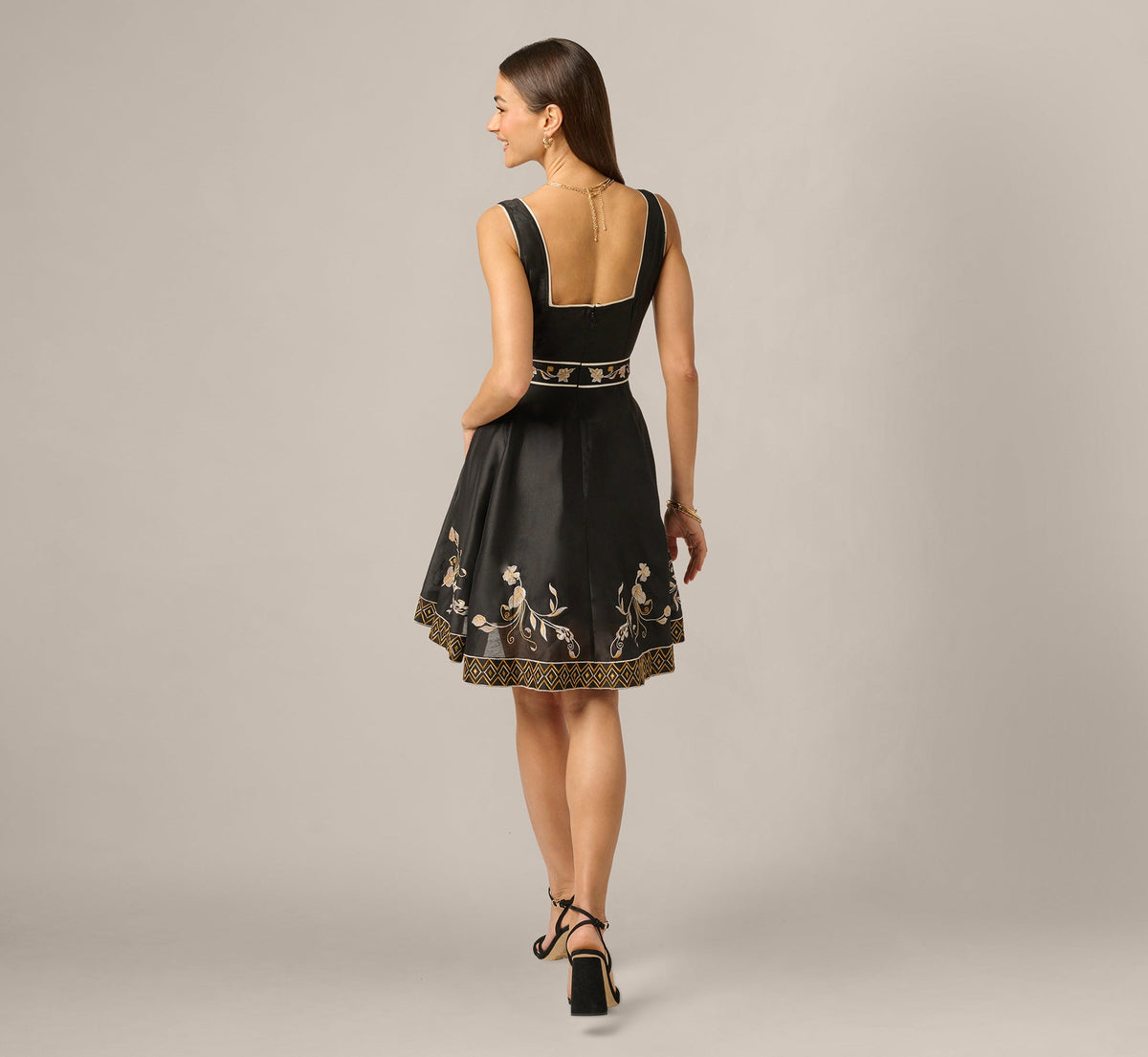 Floral Embroidered Cotton Short Dress - Black Multi | Adrianna Papell