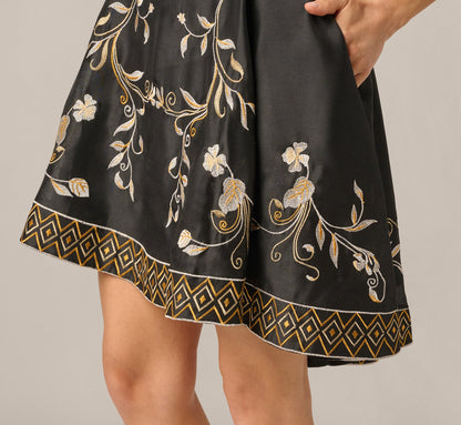 Floral Embroidered Cotton Short Dress - Black Multi | Adrianna Papell