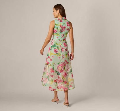 Collared Floral Organza High Low Midi Dress - Mint Multi | Adrianna Papell