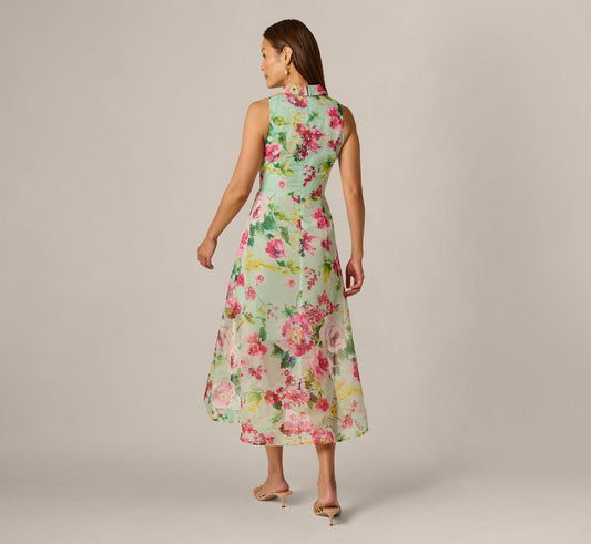 Collared Floral Organza High Low Midi Dress - Mint Multi | Adrianna Papell