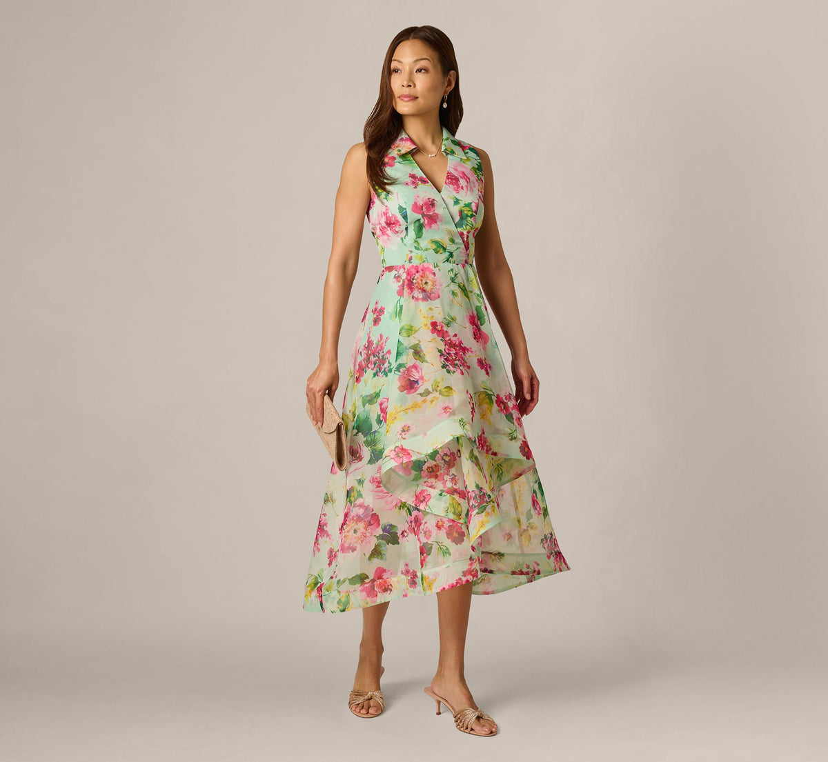 Collared Floral Organza High Low Midi Dress - Mint Multi | Adrianna Papell